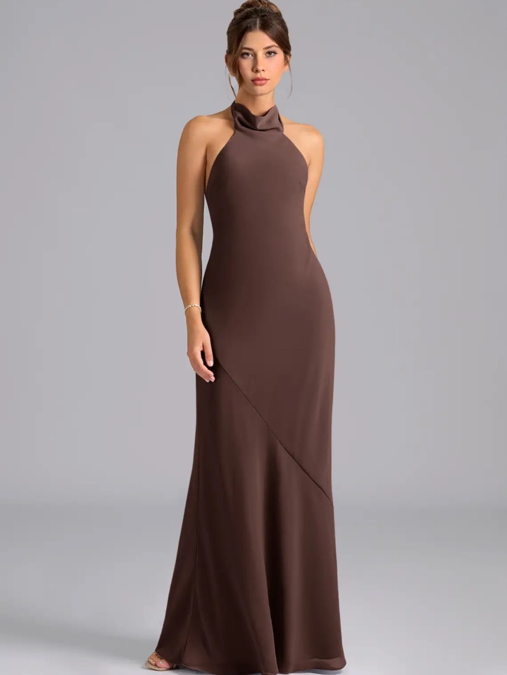 Azazie Brown One-Shoulder Halter Gown